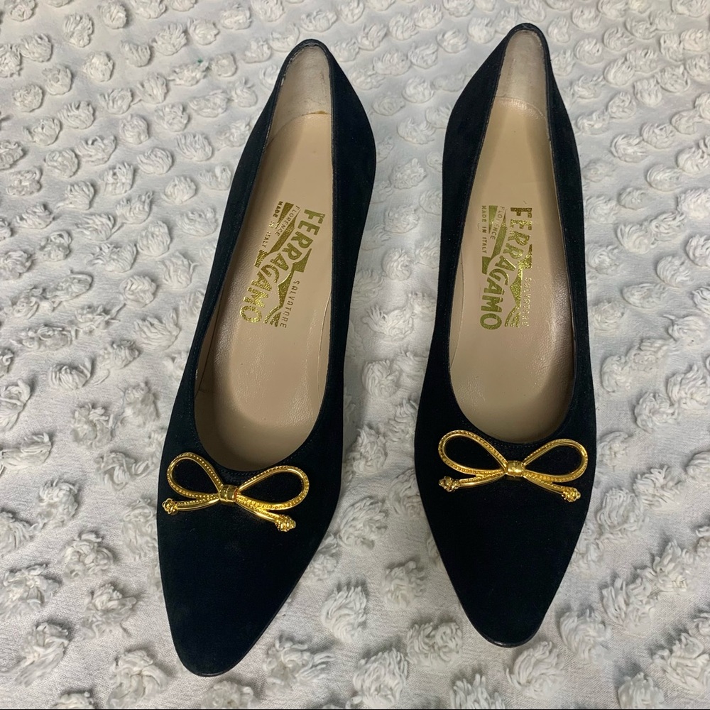Vintage Suede Salvatore Ferragamo gold bow heels